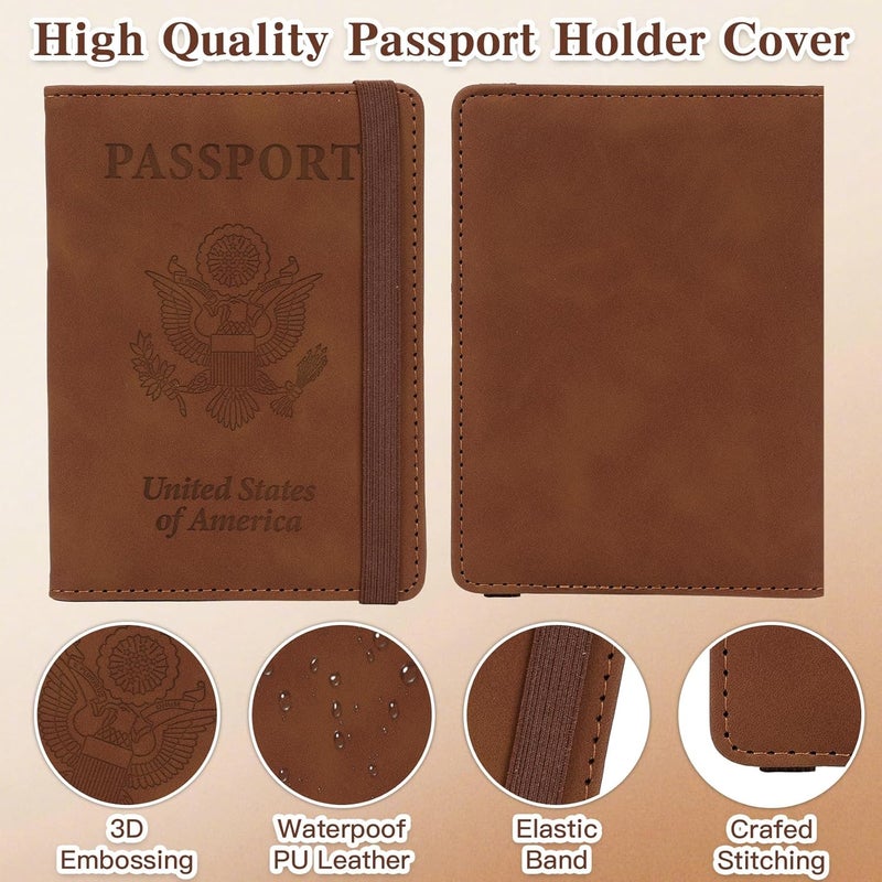 RHOttbiy Passport Holder for Travel, RFID Blocking Passport Cover with Pen Holder Leather Passport Wallet Case Travel Must Haves Accessories Passport Book Card Holder for Family Travel Essentials Gifts, Brown - Image 4